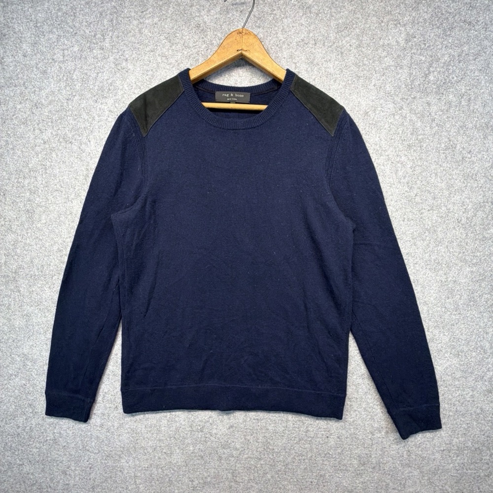 rag & bone Men's M Navy Crew Neck Shoulder Pads Pullover Lambs Wool